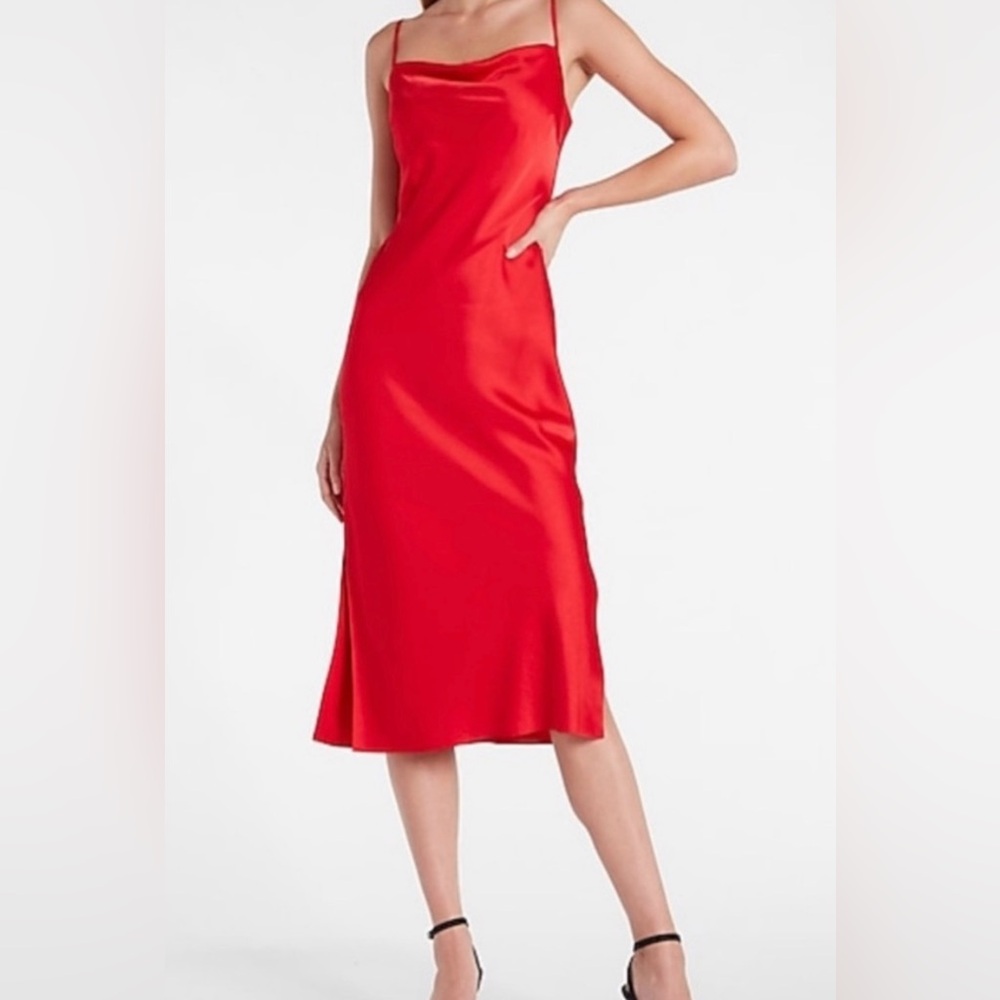 Express Red Satin Cowl Neck Midi Slip Dress Sz XXS Petite